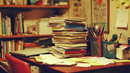 Organized Chaos of Office Supplies and Paperwork on a Desk