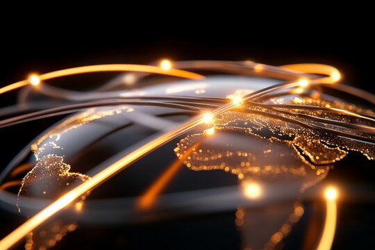 A digitally rendered image showcasing a glowing world map with illuminated connections, symbolizing worldwide networking and communication across continents.