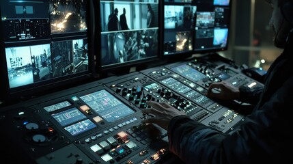Fototapeta premium Advanced Control Room Technology: A Glimpse into Modern Surveillance Interfaces, Operator Workspaces, and Sophisticated Monitoring Panels for Secure Data and System Management