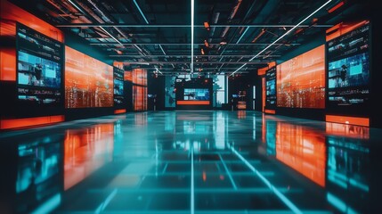 Immersive Futuristic Technology Arena with Digital Displays and Interactive Neon Lighting Showcasing Advanced Data Interfaces in a Cutting-Edge Cyberspace Environment