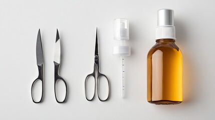 Fototapeta premium Collection of Scissors and Bottle on White Background