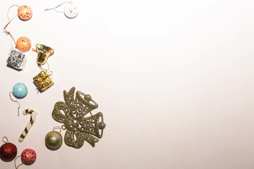 Season's greetings scene. Christmas decorations,gift boxes with red ribbons, сhristmas balls, ...
