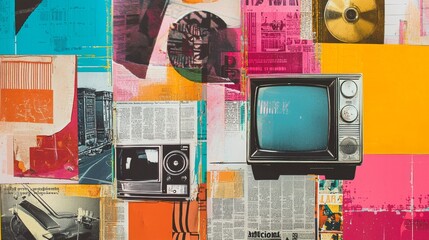Retro Television Collage Fusing Nostalgia with Modern Pop Art Aesthetics Through Bold Colors and Textures