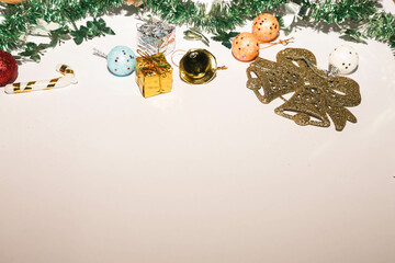 Season's greetings scene. Christmas decorations,gift boxes with red ribbons, сhristmas balls, ...