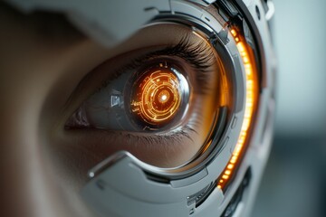 This cybernetic eye design with intricate technology elements personifies the advanced and futuristic integration of human vision with digital enhancements and optics.