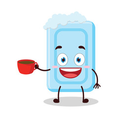 cute cheerful expression of soap cartoon character carry cup of coffee