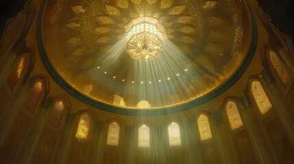 Obraz premium Sunbeams illuminate ornate dome and chandelier.