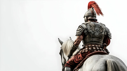 A Roman soldier in armor rides a white horse, showcasing historical military attire.