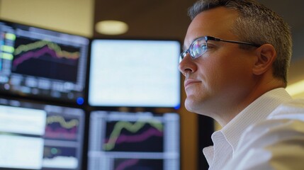 Focused Financial Analyst Monitoring Stock Market Trends on Multi-Screen Workstation: Business Strategy and Economic Analysis in Action, Exploring Technologys Role in Investment