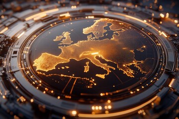 Fototapeta premium A glowing digital map of Europe showcasing intricate details of the continent, highlighting digital connectivity, technological advancement, and geographical boundaries.