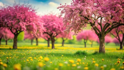 Fototapeta premium Vibrant Tilt-Shift Photography of Blooming Crab Apple Trees with Pink Blossoms, Dandelions, and Lush Green Grass for Nature Lovers and Garden Enthusiasts