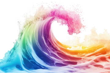 Wave with rainbow colors, creating magical and surreal effect, isolated on transparent and white background.PNG image	