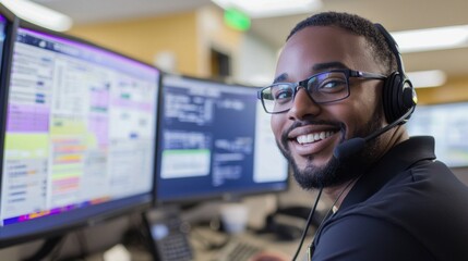 Professional Call Center Agent Providing Excellent Customer Service and Support in a Business Environment, Enhancing Client Interaction and Communication through Technology