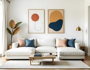 A modern living room with a white sectional sofa, wooden coffee table, and two abstract art prints on the wall featuring minimalist shapes and colors.