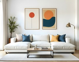 A modern living room with a white sectional sofa, wooden coffee table, and two abstract art prints on the wall featuring minimalist shapes and colors.