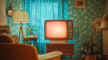 Step Back in Time: A Nostalgic Retro Living Room Setting with Vintage Television and Classic Decor Elements in a Cozy and Colorful Interior Ambiance