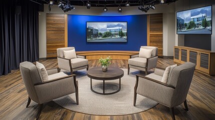 Fototapeta premium Elegant Television Studio Interior Design Featuring Comfortable Seating Arrangement and Sophisticated Decor Settings with State-of-the-Art Technology for Modern Broadcasts