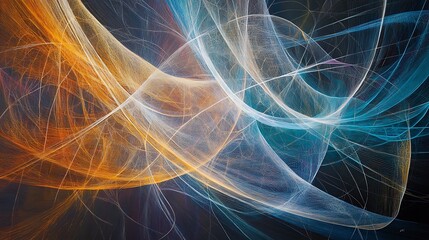 Obraz premium Abstract swirling light trails in orange, blue, and white.