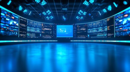 Modern Command Center with Advanced Digital Interfaces and Multiple Screens Displaying Data Streams