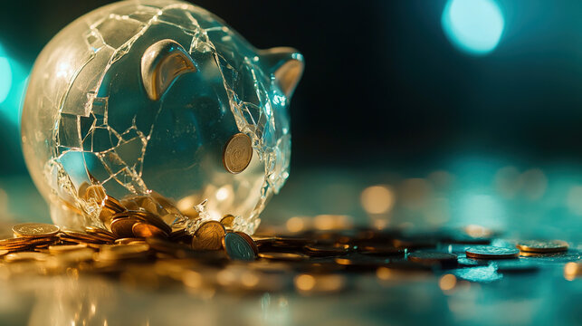Broken piggy bank with coins scattered around, symbolizing financial struggle and the need for careful budgeting and saving.