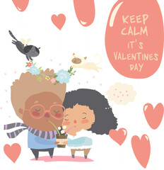 Romantic couple of young man and woman holding a cup of tea. Vector greeting card