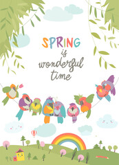 Fototapeta premium Colorful birds and birdhouses in spring. Vector illustration