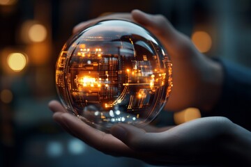 Hands cradle a crystal sphere containing a glowing network of interconnected digital circuits, symbolizing insight, technology foresight, and future potential.