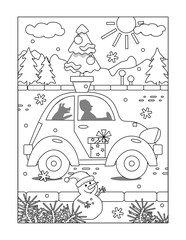 Delivering small and alive christmas tree on top of a car by the man and his dog friend. Cold winter day. Coloring page. Sign, poster, card.
