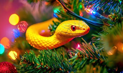 Fototapeta premium Yellow snake ornament on a Christmas tree. AI.