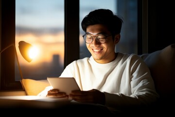A smiling man engages with his tablet while enveloped in cozy evening lighting, it emphasizes the warmth and joy of connecting with technology for leisure or communication.