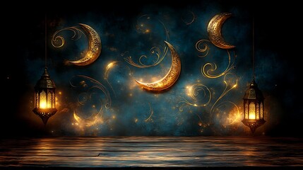 Illuminated wooden table with hanging lanterns and golden crescent moons against a dark blue background.