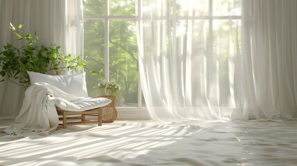 Sunlit room with chair, sheer curtains, and plants.