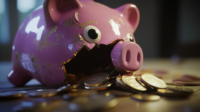 Broken piggy bank with coins scattered around, symbolizing financial struggle and the need for careful budgeting and saving.