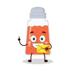 cute happy expression of chili powder cartoon character bring envelope letter
