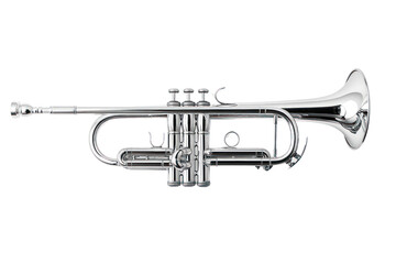 Naklejka premium Shining Trumpet: A Gleaming Silver Trumpet ready to play. Perfect for music, jazz, orchestra, and more.