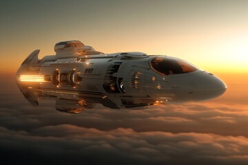 A sleek and futuristic spaceship glides above clouds during a sunset, representing innovation, exploration, and the possibilities of space travel.