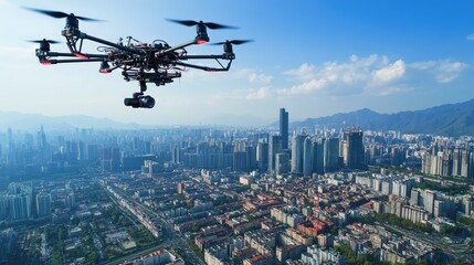 Drone Aerial View of Urban Cityscape with Skyscrapers and Mountains