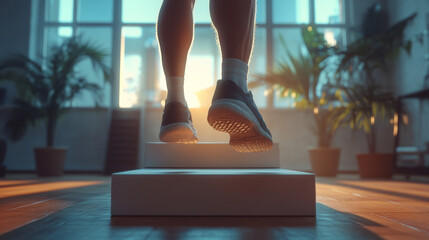 person performing calf raises on step in bright gym with sunlight streaming through large windows, surrounded by potted plants, creating serene and focused atmosphere
