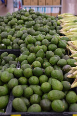 Group of hass avocados in a supermarket. Selective focus.