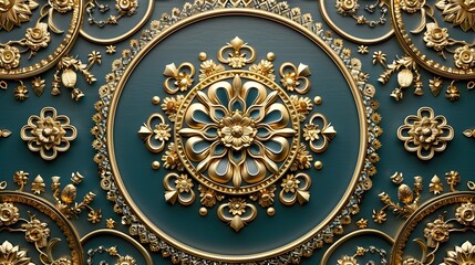 Teal and gold ornate circular pattern.