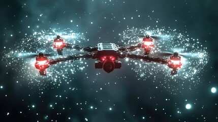 Futuristic Drone Flying Through Sparkling Cosmic Background