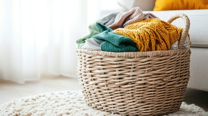 Cozy Living Room Scene with Woven Basket of Colorful Blankets
