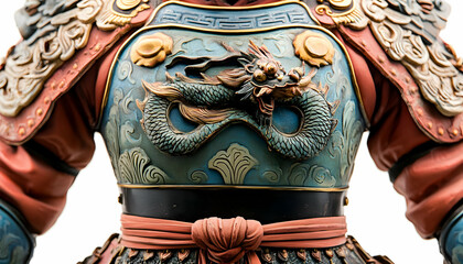 Fototapeta premium A detailed sculpture featuring a dragon motif on ornate armor.