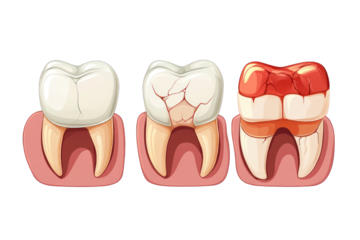 Tooth Decay Stages: A cartoon illustration depicting the stages of tooth decay, showcasing a healthy tooth, a tooth with initial decay, and a tooth with advanced decay.