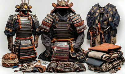 Traditional samurai armor and clothing displayed with various accessories.