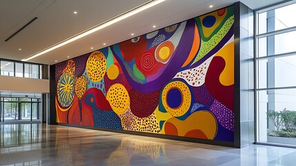 Vibrant abstract artwork on a large wall in a modern building lobby.