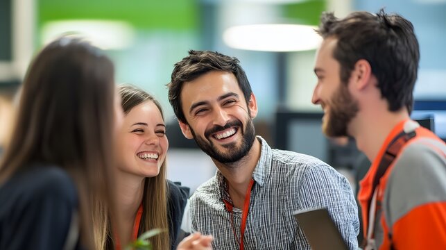 52. A group of happy employees exchanging smiles and praise in a vibrant workspace after achieving a major milestone