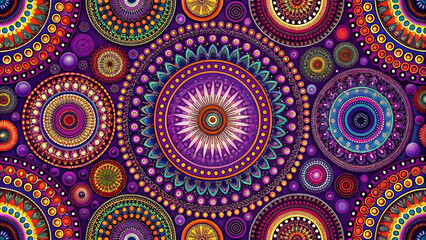 A vibrant, intricate pattern of colorful circles and mandalas set against a deep purple background, creating a mesmerizing visual effect.