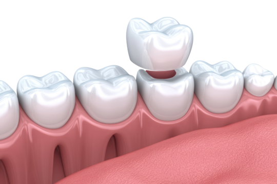Dental Crown Placement: 3D model of a dental crown being placed on a tooth.  High-quality, detailed image ideal for dental websites and educational materials. 