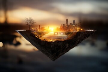 A mystical floating island features a cityscape and a lone tree, suspended in a dreamlike setting. The surreal sunset colors enhance the enchanting landscape scene.